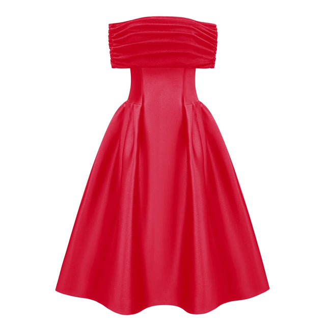Ainara Red Off Shoulder Polished Midi Dress