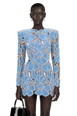Ainsley Blue Floral Lace Long Sleeves Mini Dress