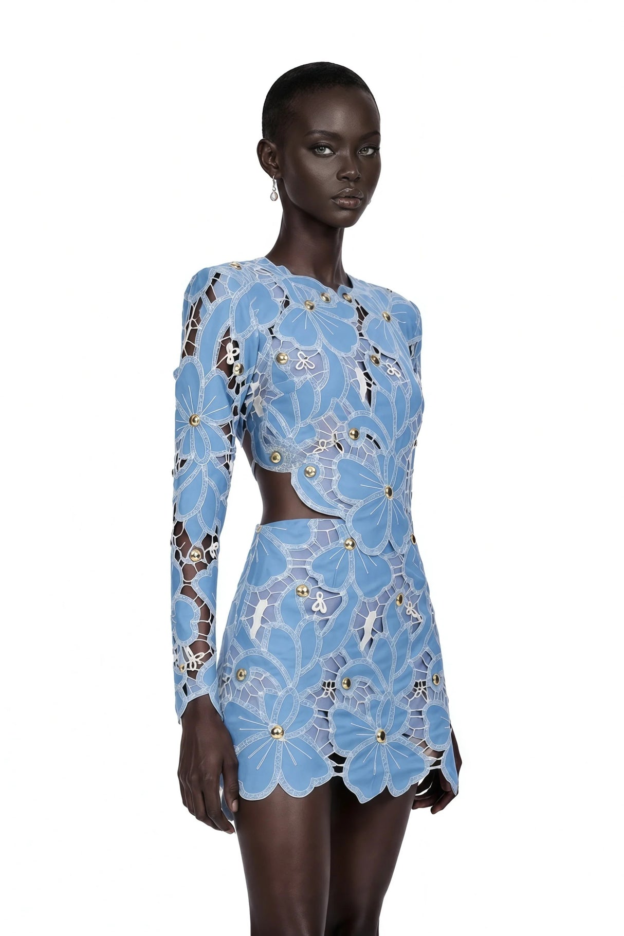 Ainsley Blue Floral Lace Long Sleeves Mini Dress
