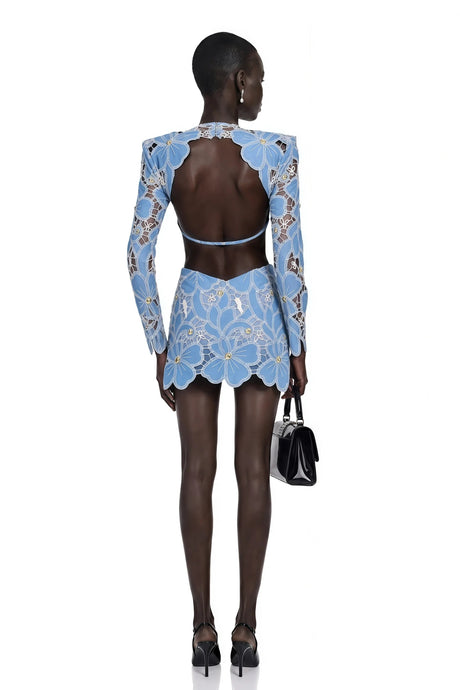 Ainsley Blue Floral Lace Long Sleeves Mini Dress