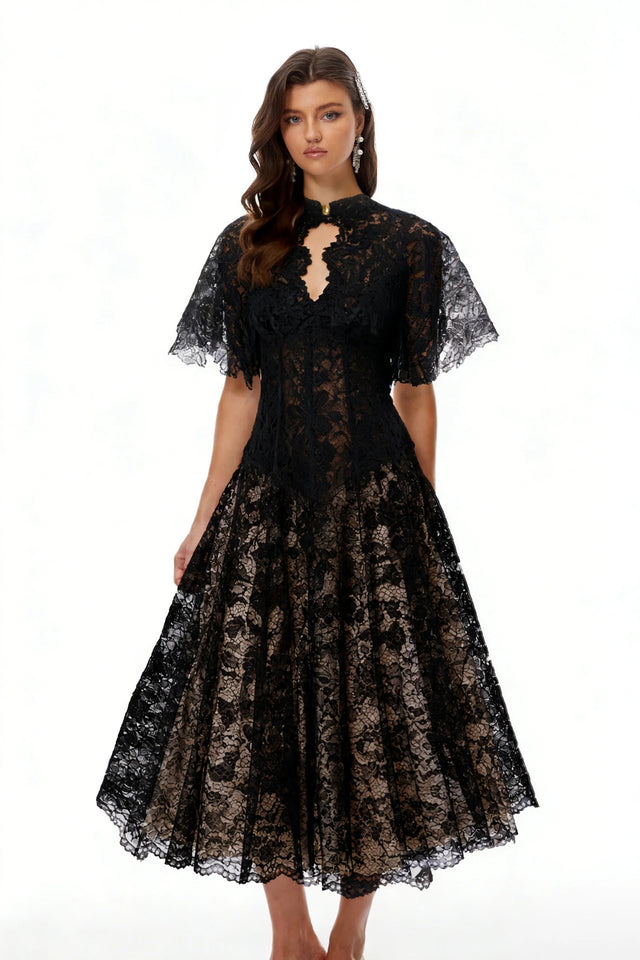 Alaia Black Cape Design Floral Lace Midi Dress