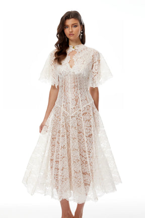 Alaia White Cape Design Floral Lace Midi Dress
