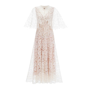 Alaia White Cape Design Floral Lace Midi Dress