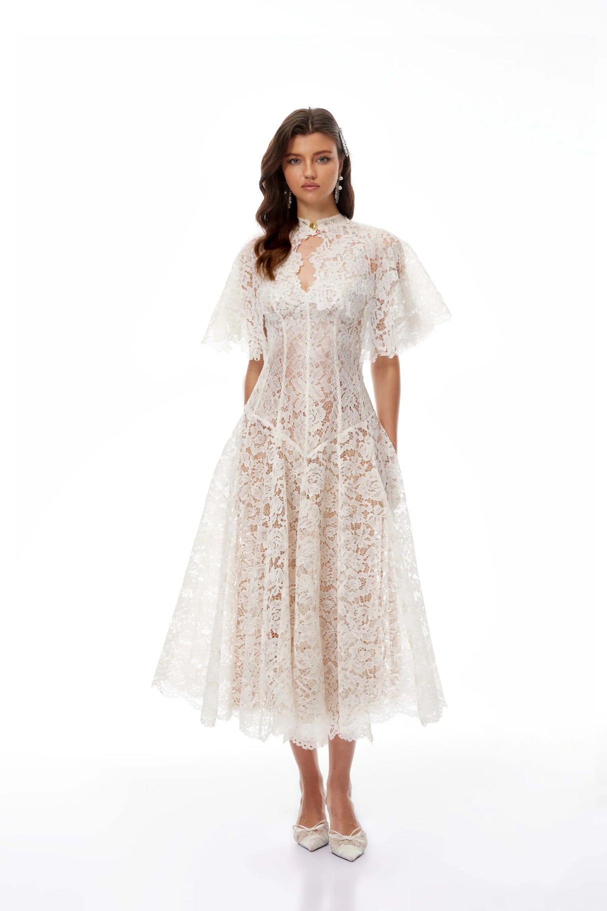 Alaia White Cape Design Floral Lace Midi Dress