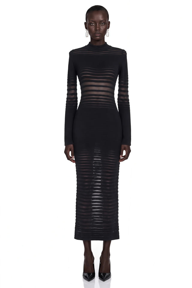 Alani Black Midi Dress with Semisheer Panels