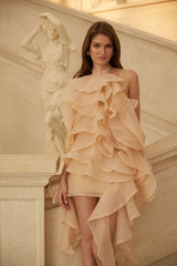Albane Neutral Tiered Ruffled Tulle Mini Dress
