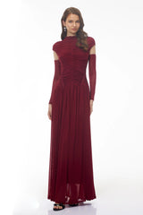 Alberte Red Mock Neck Ruched Maxi Dress