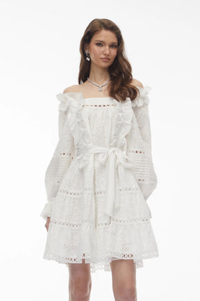 Alcestis White Ruffled Mini Dress with SelfTie