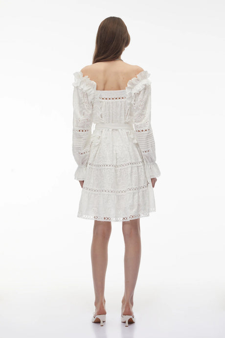 Alcestis White Ruffled Mini Dress with SelfTie