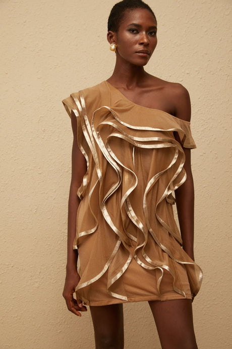 Alchimie Brown Ruffled Tulle Mini Dress