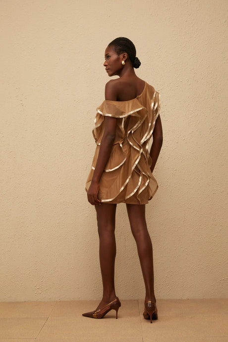 Alchimie Brown Ruffled Tulle Mini Dress