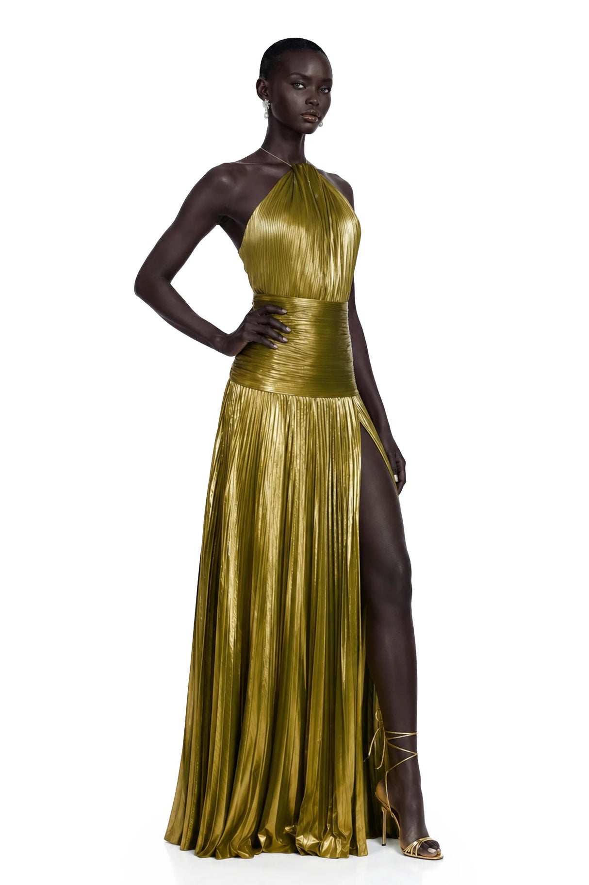 Alchimie Gold Glossy Pleated Maxi Dress