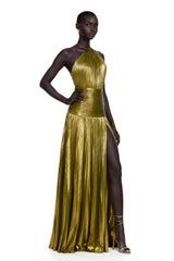 Alchimie Gold Glossy Pleated Maxi Dress