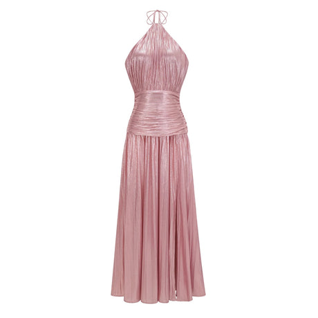 Alchimie Pink Glossy Pleated Maxi Dress