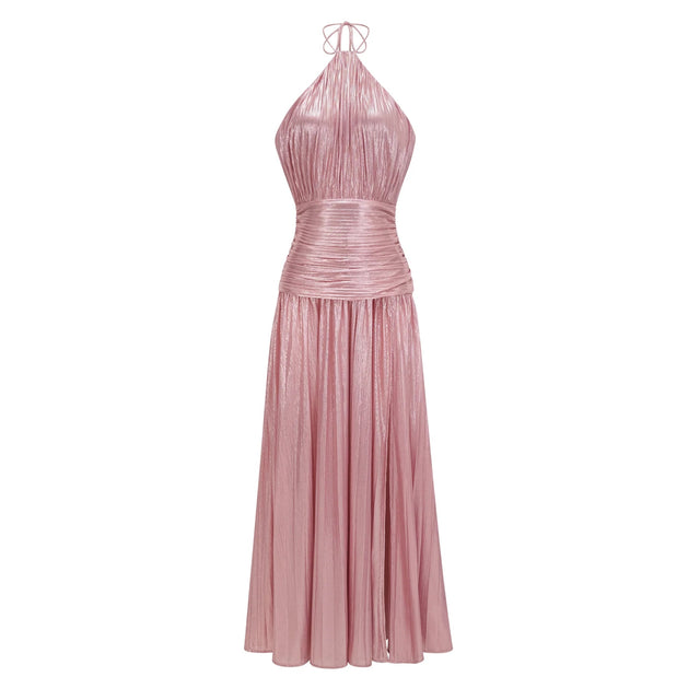Alchimie Pink Glossy Pleated Maxi Dress