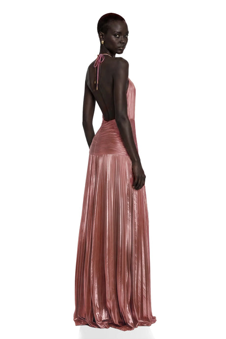 Alchimie Pink Glossy Pleated Maxi Dress