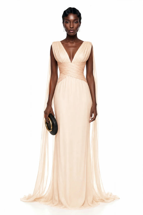 Flaminia Maxi Dress Beige Plunge Neck Ruched