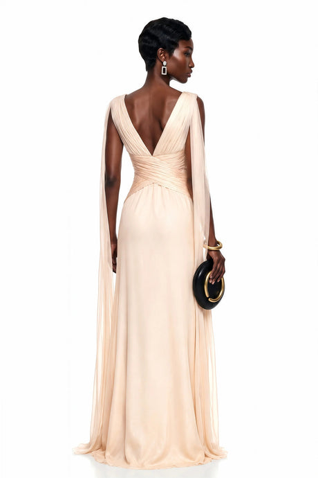 Flaminia Maxi Dress Beige Plunge Neck Ruched