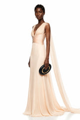 Alcyone Beige Plunge Neck Ruched Maxi Dress