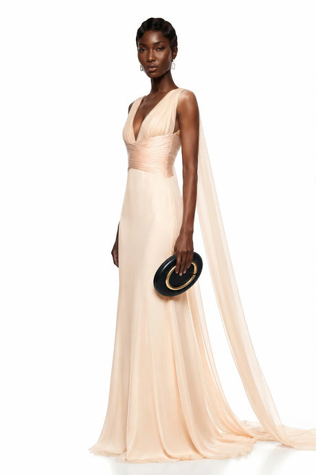 Flaminia Maxi Dress Beige Plunge Neck Ruched