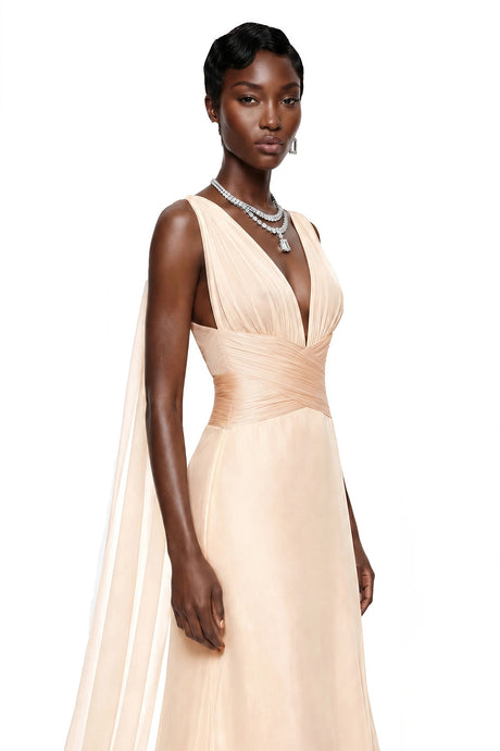 Flaminia Maxi Dress Beige Plunge Neck Ruched