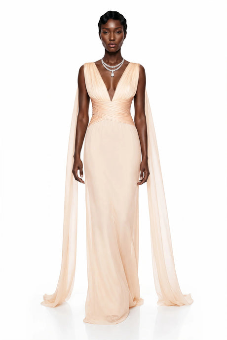 Flaminia Maxi Dress Beige Plunge Neck Ruched