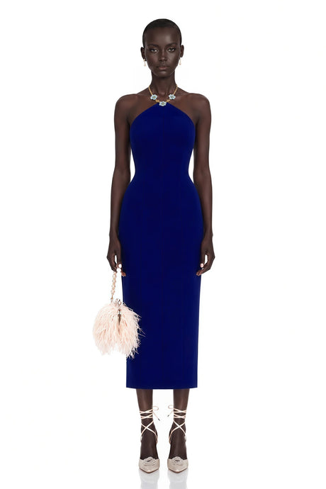 Pasquina Midi Dress Navy Blue Embellished Halterneck