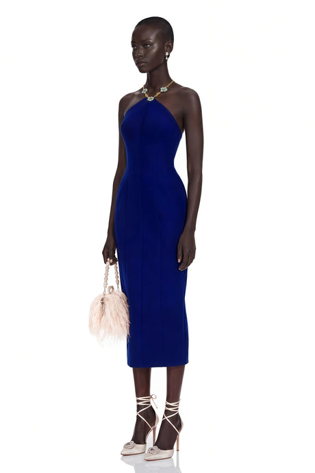 Pasquina Midi Dress Navy Blue Embellished Halterneck