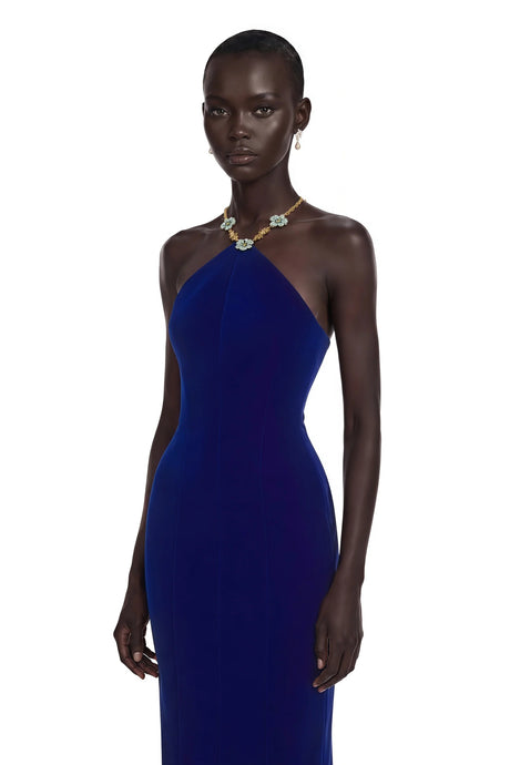 Pasquina Midi Dress Navy Blue Embellished Halterneck