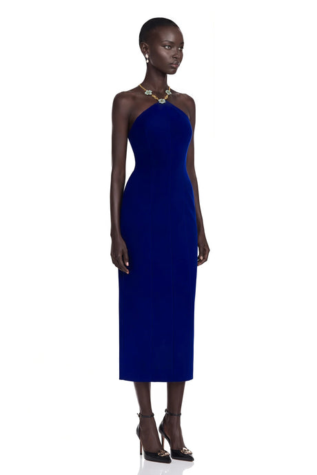 Pasquina Midi Dress Navy Blue Embellished Halterneck
