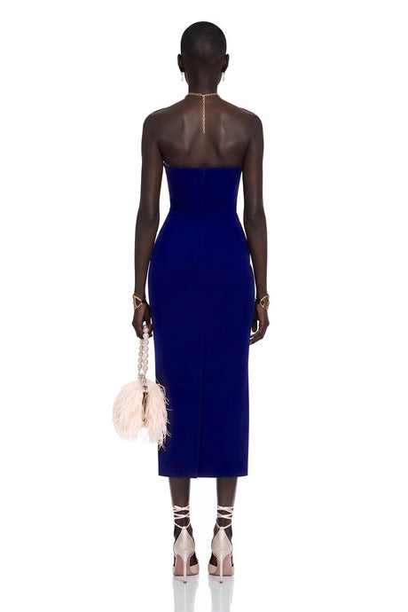 Pasquina Midi Dress Navy Blue Embellished Halterneck