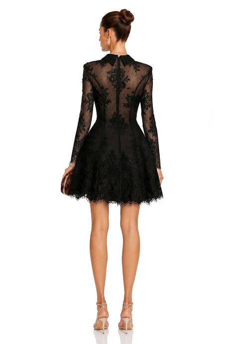 Aleksandra Black Floral Lace Mini Dress