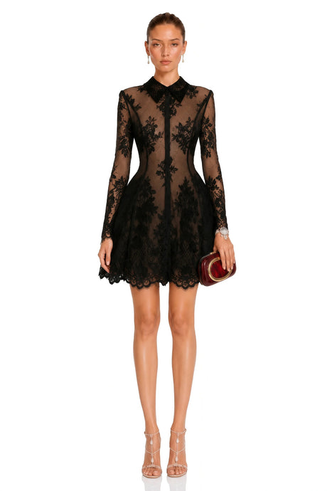 Aleksandra Black Floral Lace Mini Dress