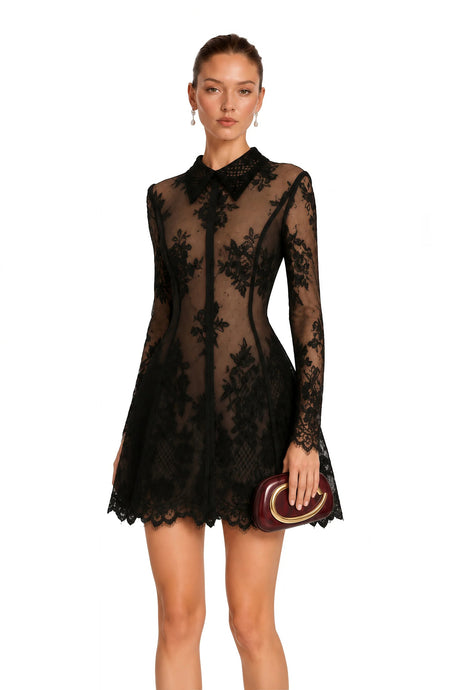 Aleksandra Black Floral Lace Mini Dress