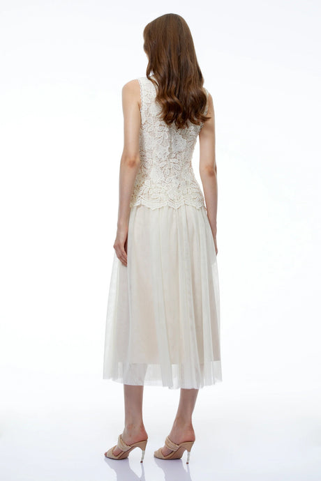 Alice Neutral Floral Applique Lace Midi Dress