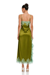 Alina Olive Green Satin Maxi Dress with Lace Trim
