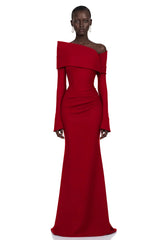 Alina Red Asymmetrical Draped Maxi Dress