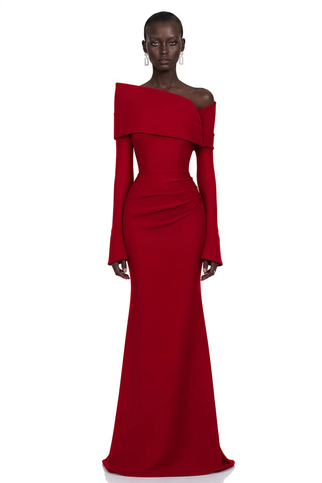 Alina Red Asymmetrical Draped Maxi Dress