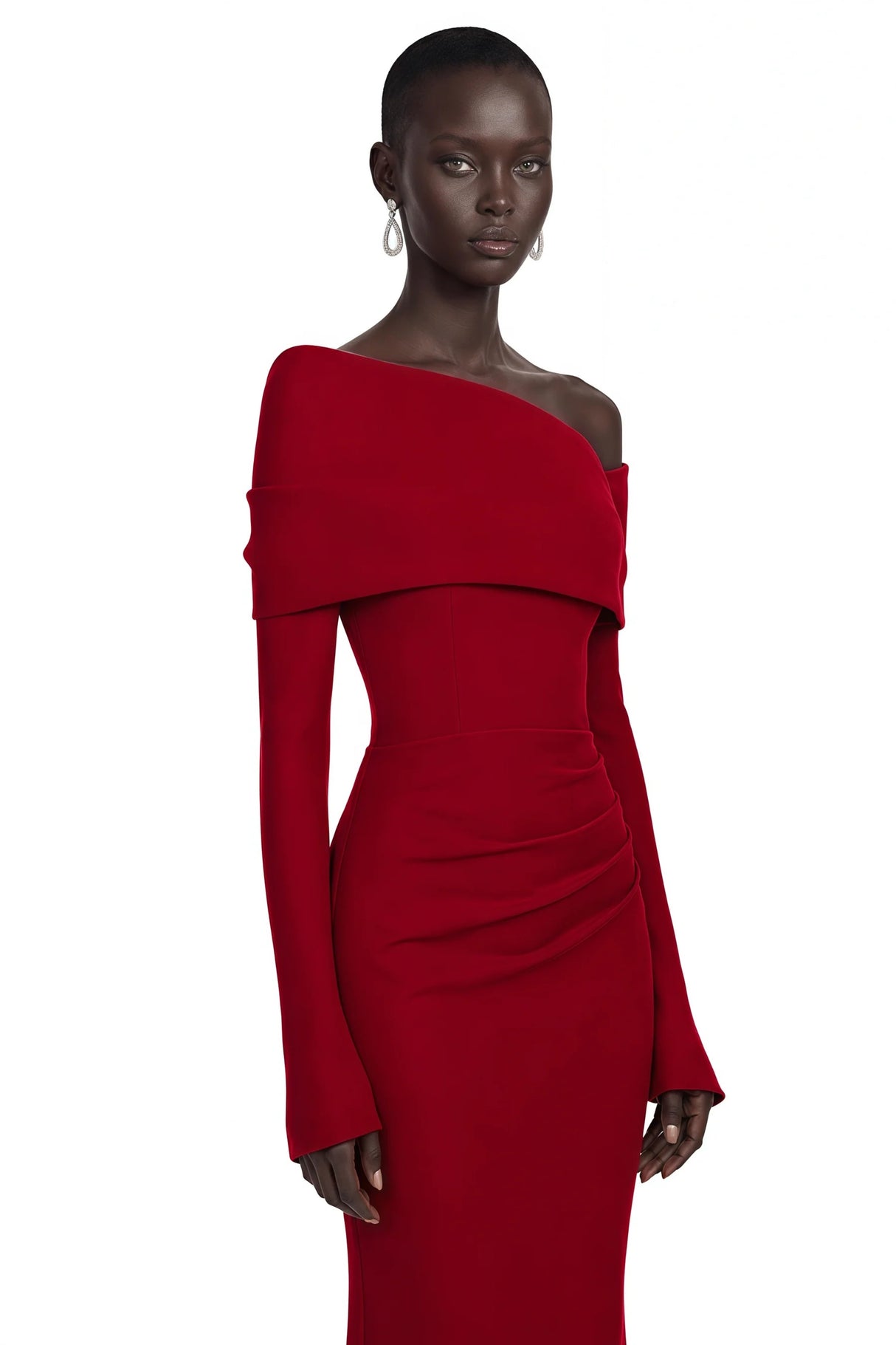 Alina Red Asymmetrical Draped Maxi Dress