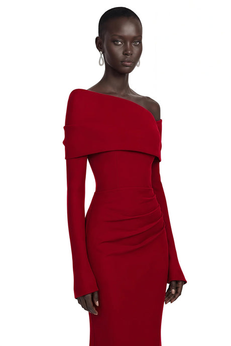 Alina Red Asymmetrical Draped Maxi Dress