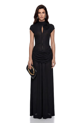 Aliya Black Ruched Maxi Dress with 3D Petals