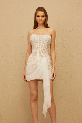 Alíz White Faux Pearl Mesh Mini Dress