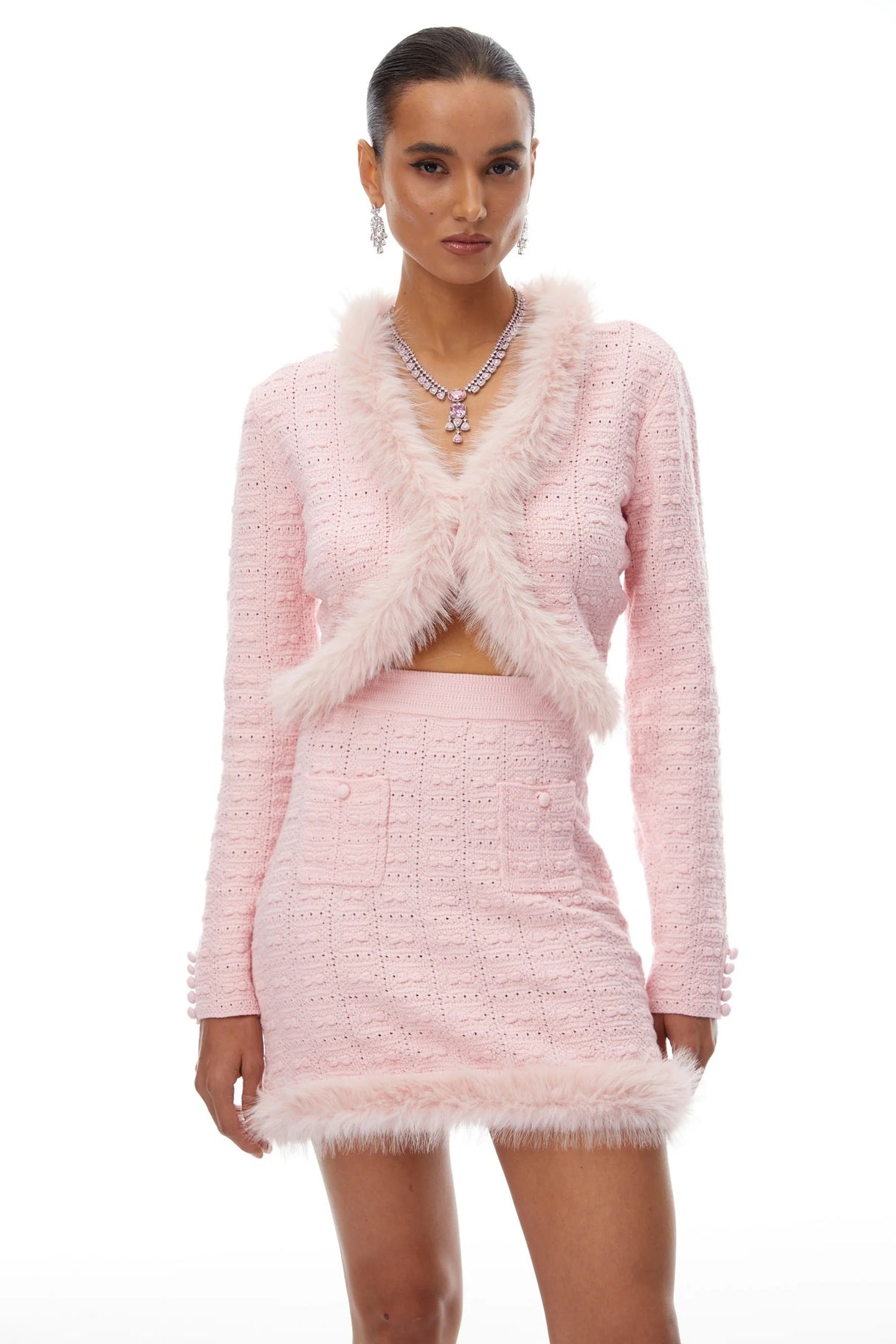Alma Pink Fur Trim Knit Cardigan  Skirt Set