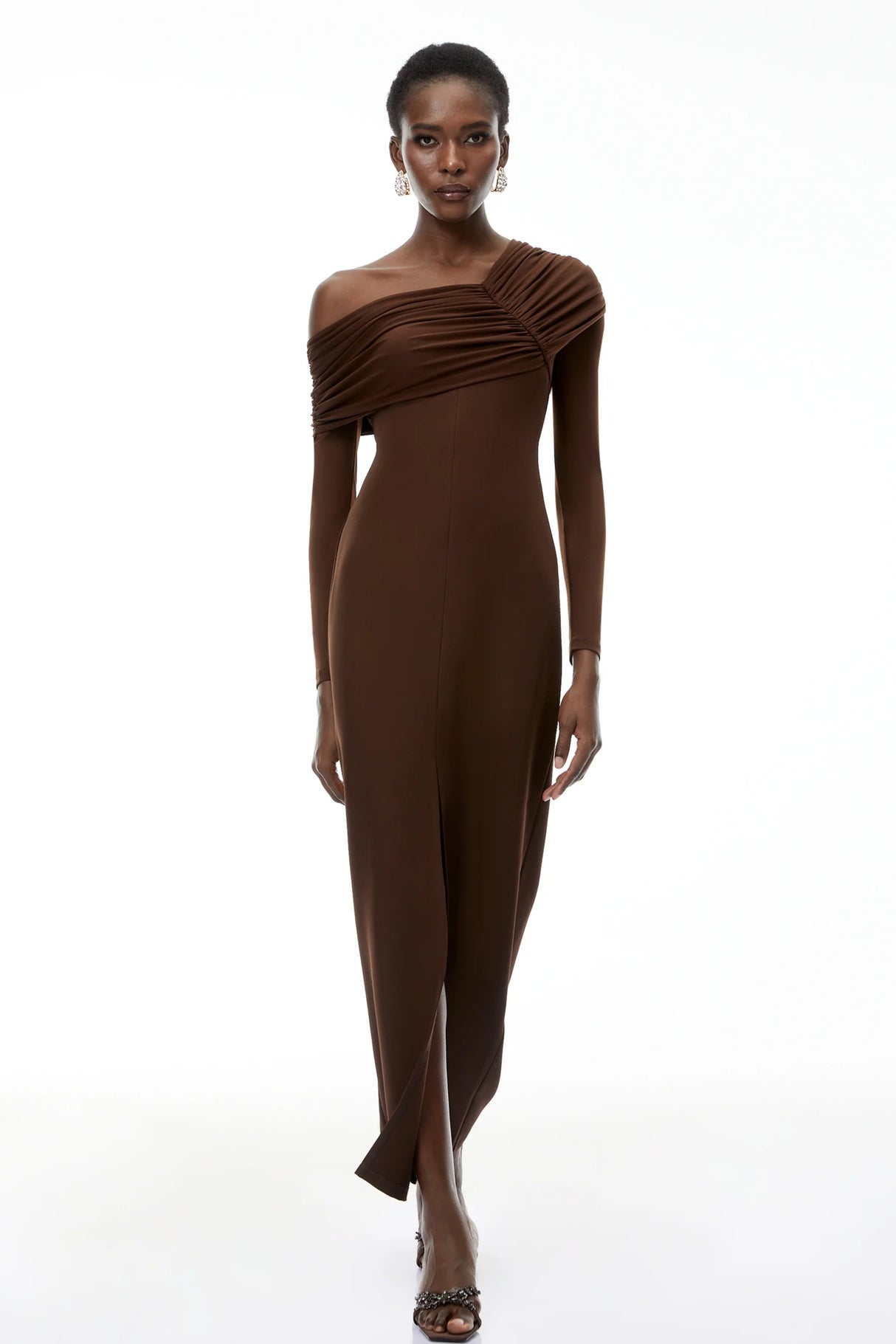 Almudena Chocolate Brown One Shoulder Maxi Dress