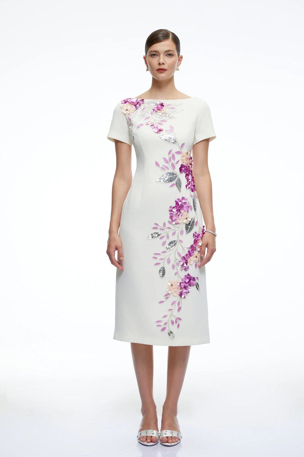 Althea White Short Sleeves Midi Dress with 3D Florals