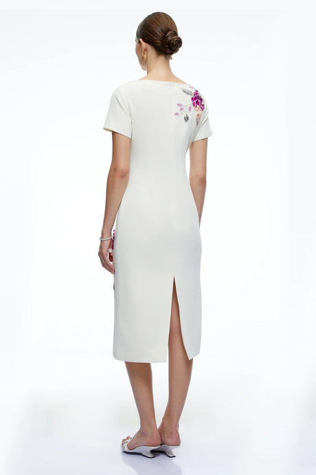 Althea White Short Sleeves Midi Dress with 3D Florals