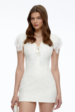 Alyssa Ivory Plunge Neck Mini Dress with Lace Trim
