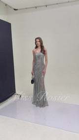 Amaia Silver Off Shoulder Ruched Maxi Dress with Slit