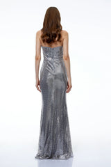 Amaia Silver Off Shoulder Ruched Maxi Dress with Slit