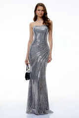 Amaia Silver Off Shoulder Ruched Maxi Dress with Slit
